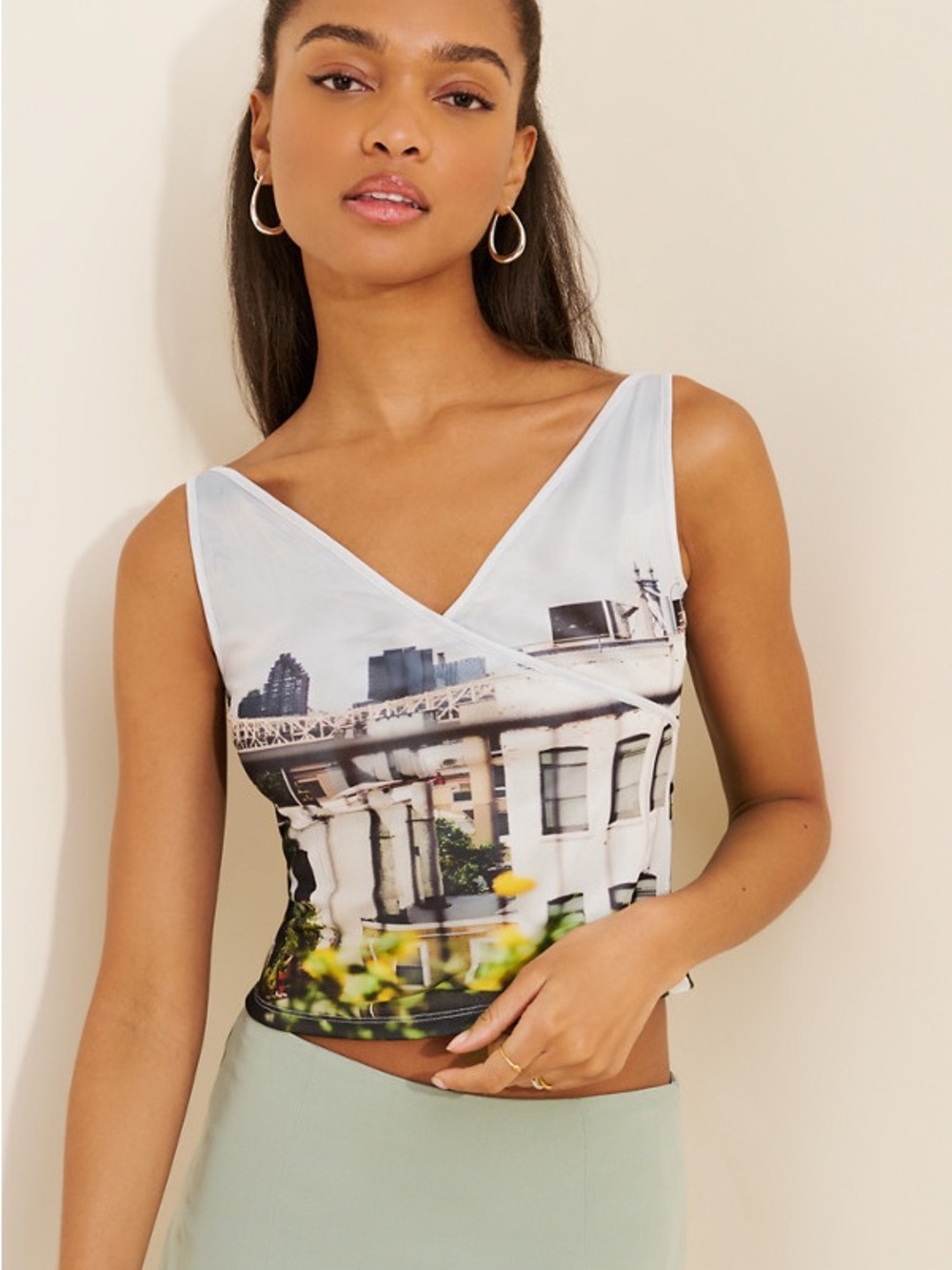 Cityscape V-Neck Sleeveless Crop Camisole - White Multi